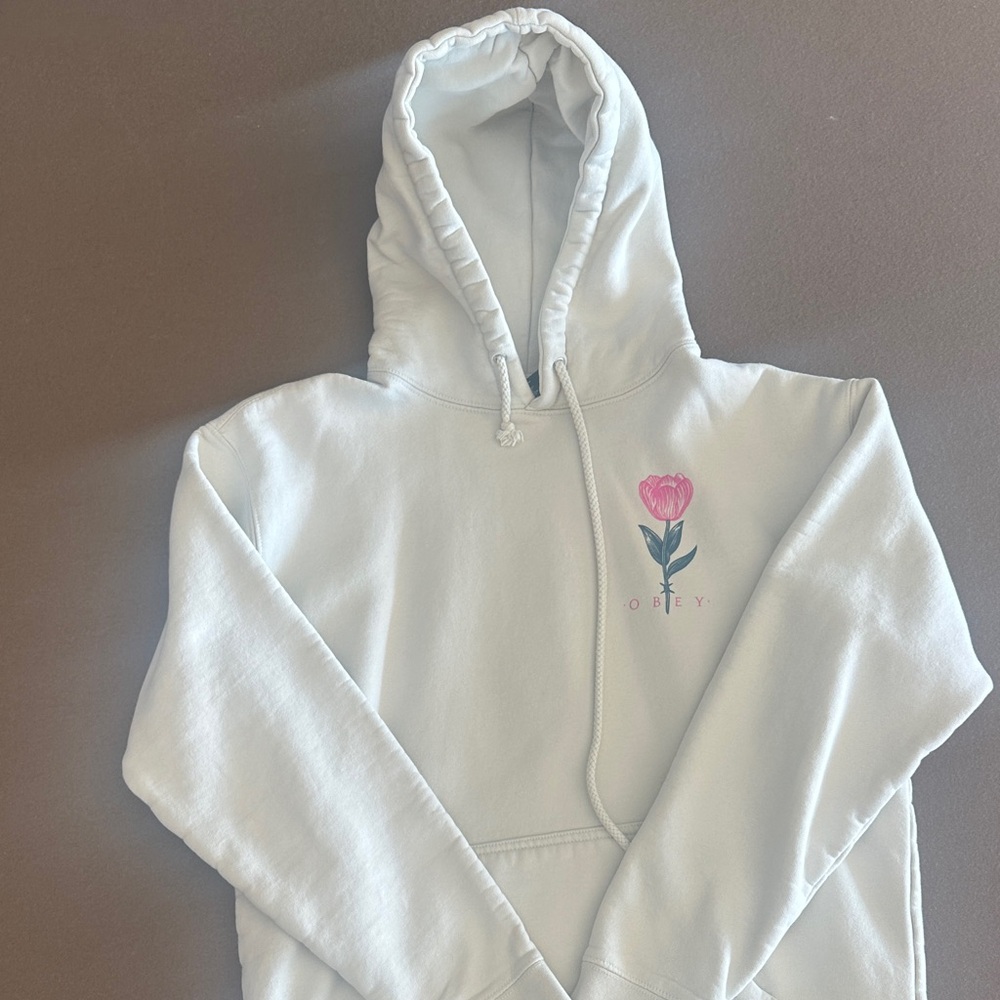 Obey White Hoodie with Pink Flower Design